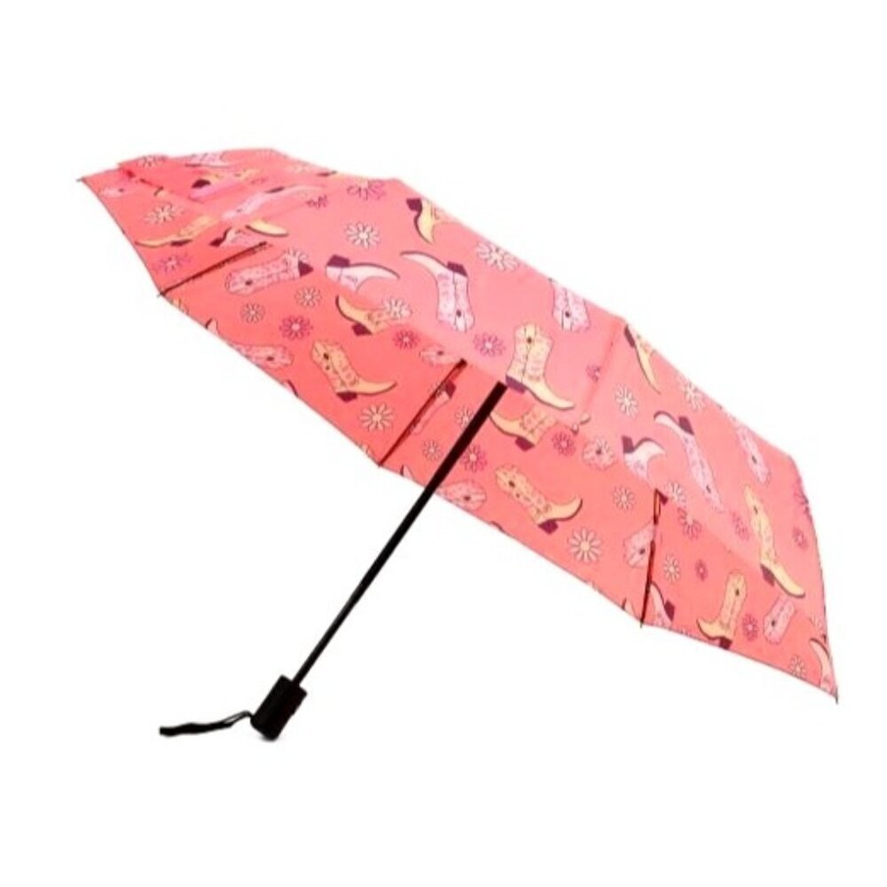 Rainy Skies Womens Pink Floral and Western Printed Foldable Compact Umbrella New